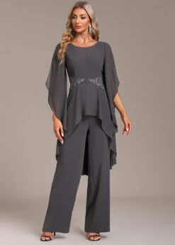 Grey Ruffle Long Round Neck Jumpsuit -Modlily Shop 335146 P 16950113865394