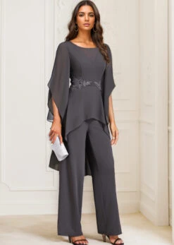 Grey Ruffle Long Round Neck Jumpsuit -Modlily Shop 335146 P 16950113868005