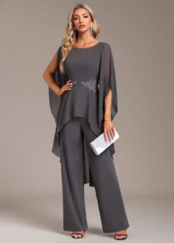 Grey Ruffle Long Round Neck Jumpsuit