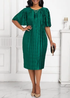 Green Pleated Short Sleeve Round Neck Bodycon Dress -Modlily Shop 335180 P 16902494310133