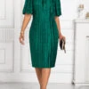 Green Pleated Short Sleeve Round Neck Bodycon Dress -Modlily Shop 335180 P 16902494319940