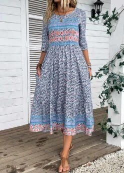 Blue Smocked Ditsy Floral Print Dress -Modlily Shop 335227 P 16873136210395