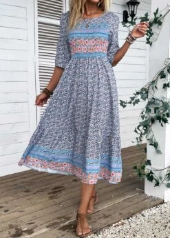 Blue Smocked Ditsy Floral Print Dress -Modlily Shop 335227 P 16873136215374