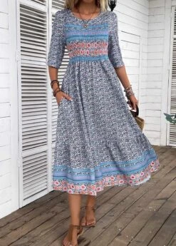 Blue Smocked Ditsy Floral Print Dress