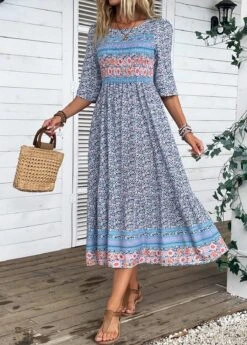 Blue Smocked Ditsy Floral Print Dress -Modlily Shop 335227 P 16873136217203