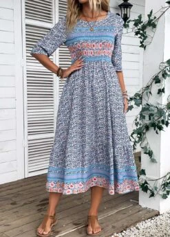 Blue Smocked Ditsy Floral Print Dress -Modlily Shop 335227 P 16873136217292