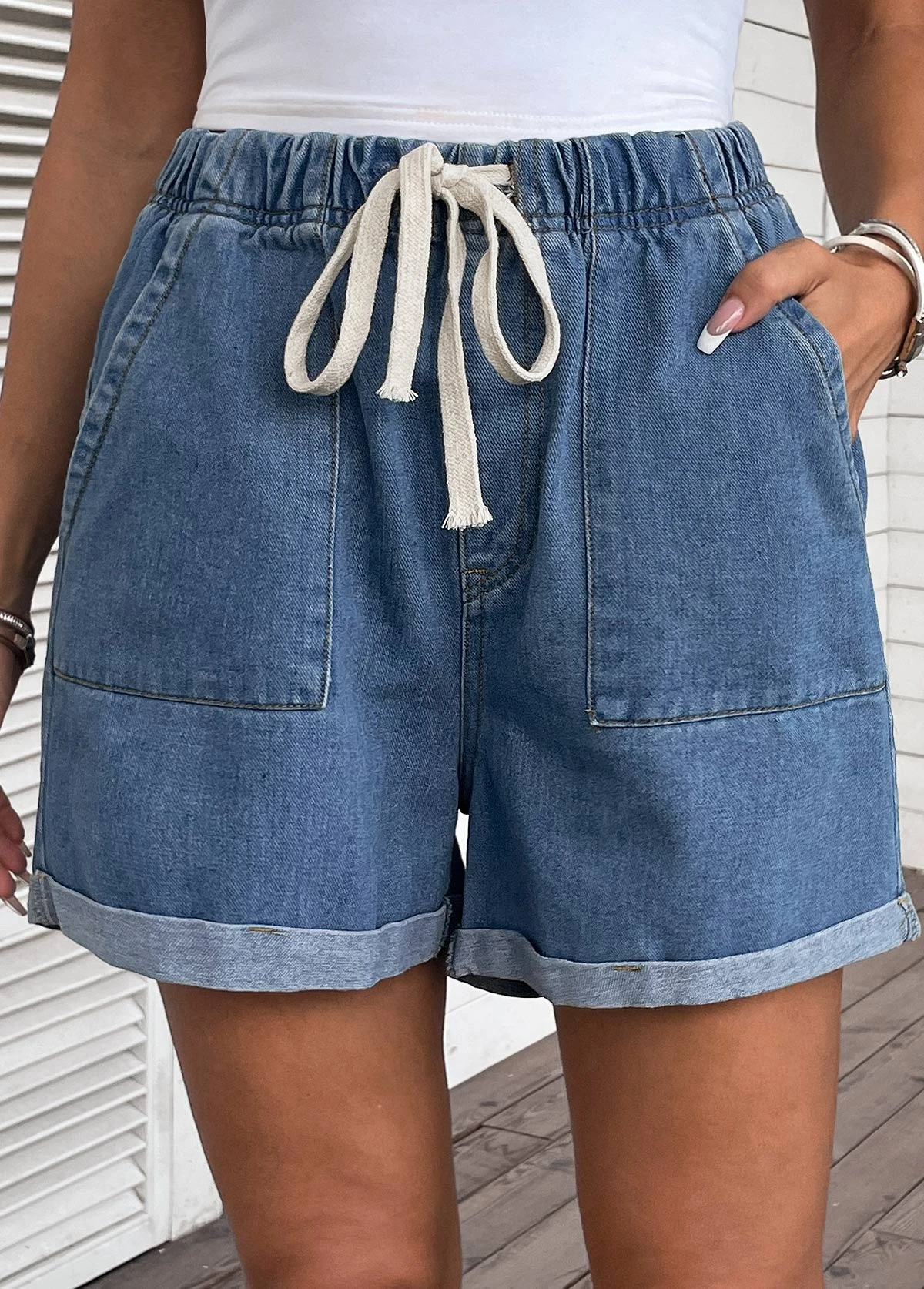 Pocket High Waisted Drawastring Denim Shorts 3 Pocket High Waisted Drawastring Denim Shorts
