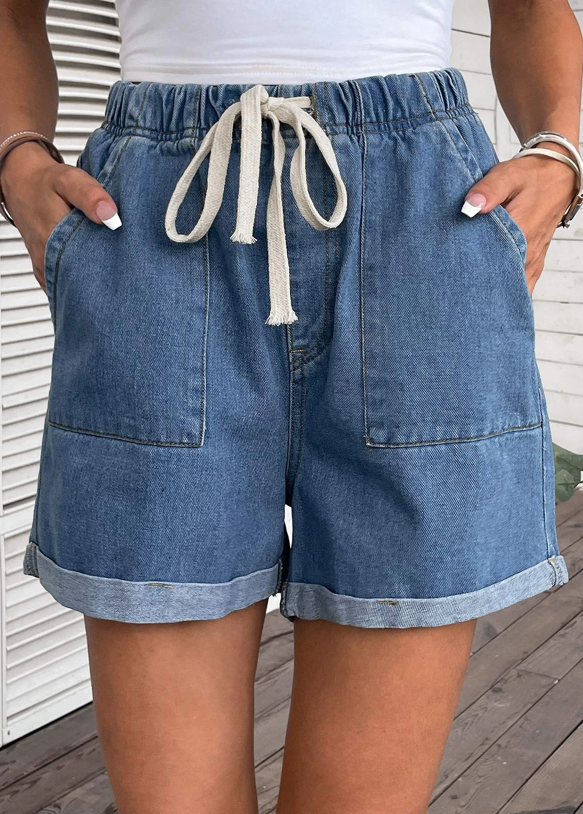 Pocket High Waisted Drawastring Denim Shorts 5 Pocket High Waisted Drawastring Denim Shorts - Image 3