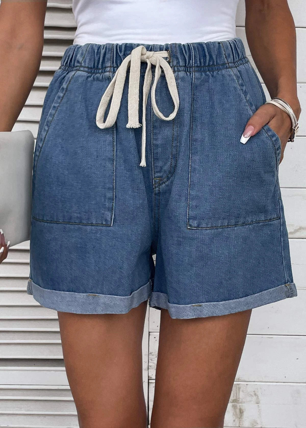 Pocket High Waisted Drawastring Denim Shorts 6 Pocket High Waisted Drawastring Denim Shorts - Image 4