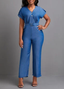 Denim Blue Pocket Ankle Length Belted Jumpsuit -Modlily Shop 335414 P 16878645500772