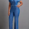 Denim Blue Pocket Ankle Length Belted Jumpsuit -Modlily Shop 335414 P 16878645501410