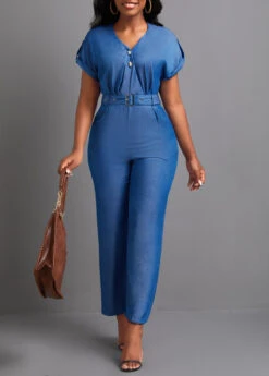 Denim Blue Pocket Ankle Length Belted Jumpsuit -Modlily Shop 335414 P 16878645507543