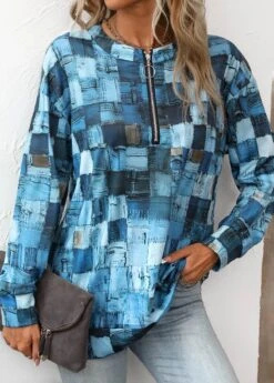 Denim Blue Zipper Geometric Print Long Sleeve Sweatshirt -Modlily Shop 335591 P 16883785060753