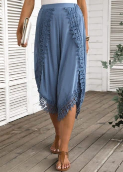 Dusty Blue Lace Elastic Waist High Waisted Pants -Modlily Shop 335607 P 16883784813954