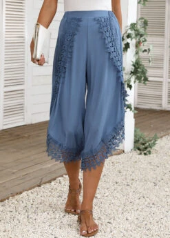 Dusty Blue Lace Elastic Waist High Waisted Pants