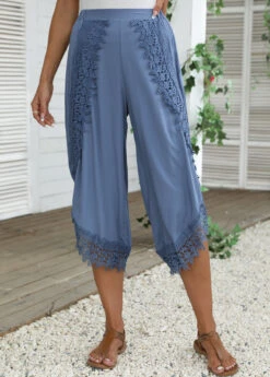 Dusty Blue Lace Elastic Waist High Waisted Pants -Modlily Shop 335607 P 16883784816873