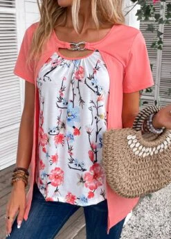 Peach Red Fake 2in1 Floral Print T Shirt -Modlily Shop 335610 P 16873114995512