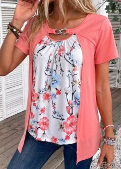 Peach Red Fake 2in1 Floral Print T Shirt -Modlily Shop 335610 P 16873114996795