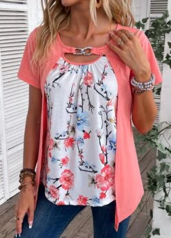 Peach Red Fake 2in1 Floral Print T Shirt -Modlily Shop 335610 P 16873114996920