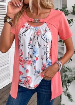 Peach Red Fake 2in1 Floral Print T Shirt -Modlily Shop 335610 P 16873114998313