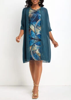 Peacock Blue Two Piece Tribal Print Dress -Modlily Shop 335653 P 16877645990802