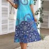 Cyan Split Tribal Print Shift Dress -Modlily Shop 335677 P 16878660761130