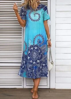 Cyan Split Tribal Print Shift Dress -Modlily Shop 335677 P 16878660765264