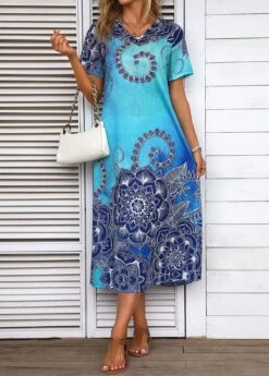 Cyan Split Tribal Print Shift Dress -Modlily Shop 335677 P 16878660767265