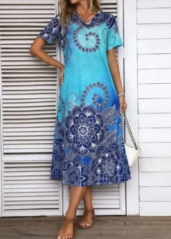 Cyan Split Tribal Print Shift Dress -Modlily Shop 335677 P 16878660767443