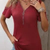 Wine Red Zipper Short Sleeve T Shirt