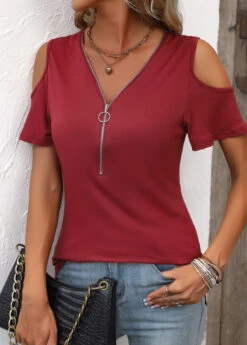 Wine Red Zipper Short Sleeve T Shirt -Modlily Shop 335679 P 16880334197955