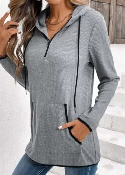 Grey Pocket Zipper Long Sleeve Hoodie -Modlily Shop 335692 P 16947410530584