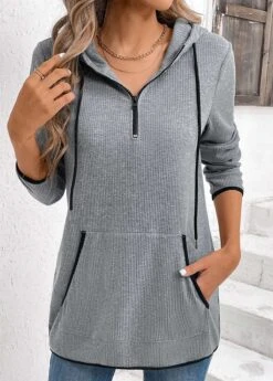 Grey Pocket Zipper Long Sleeve Hoodie -Modlily Shop 335692 P 16947410531253