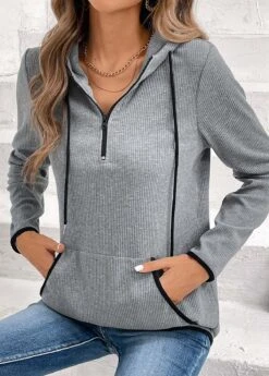 Grey Pocket Zipper Long Sleeve Hoodie -Modlily Shop 335692 P 16947410537515