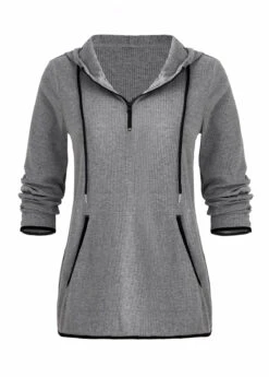Grey Pocket Zipper Long Sleeve Hoodie -Modlily Shop 335692 P 16947410539816
