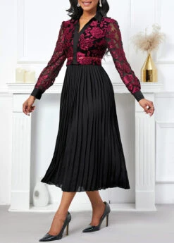 Black Pleated Long Sleeve V Neck Dress -Modlily Shop 335776 P 16983157463852