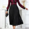 Black Pleated Long Sleeve V Neck Dress -Modlily Shop 335776 P 16983157465913
