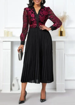 Black Pleated Long Sleeve V Neck Dress -Modlily Shop 335776 P 16983157468580