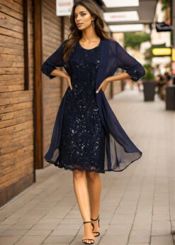 Navy Lace Sequin Shift Dress And Cardigan -Modlily Shop 335838 P 16950045509736