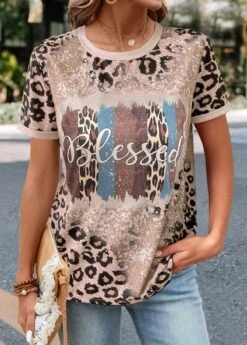 Light Camel Patchwork Leopard Short Sleeve T Shirt