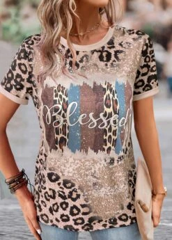 Light Camel Patchwork Leopard Short Sleeve T Shirt -Modlily Shop 335945 P 1686186837129