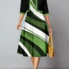 Green Geometric Print Half Sleeve Dress And Cardigan -Modlily Shop 335995 P 1689558052486