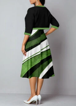 Green Geometric Print Half Sleeve Dress And Cardigan -Modlily Shop 335995 P 1689558053726