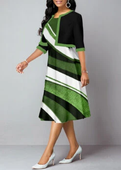Green Geometric Print Half Sleeve Dress And Cardigan -Modlily Shop 335995 P 1689558053822