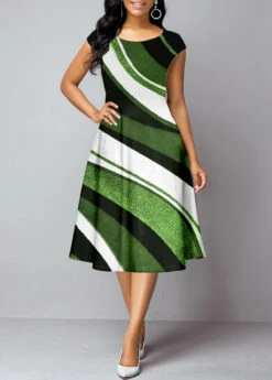 Green Geometric Print Half Sleeve Dress And Cardigan -Modlily Shop 335995 P 1689558054032