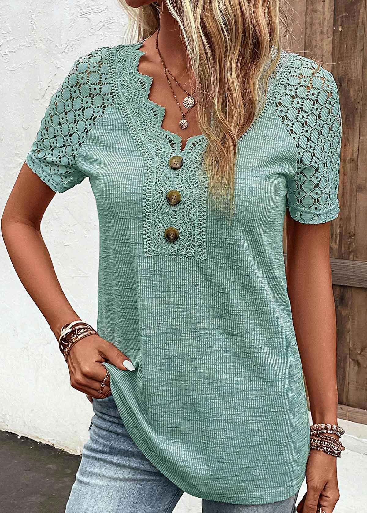 Green Lace Short Sleeve V Neck T Shirt 13 Green Lace Short Sleeve V Neck T Shirt - Image 11