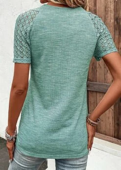 Green Lace Short Sleeve V Neck T Shirt 21 Green Lace Short Sleeve V Neck T Shirt -Modlily Shop 336109 P 16871565991201
