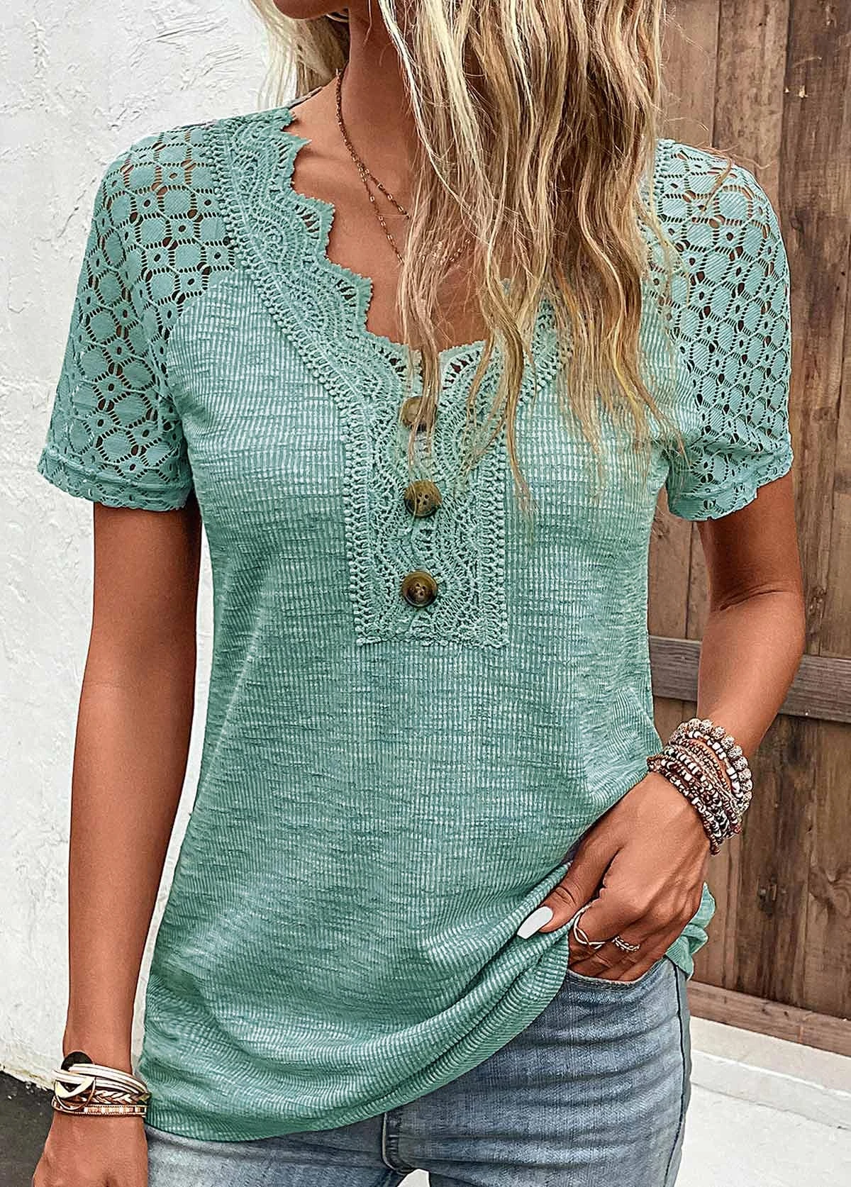 Green Lace Short Sleeve V Neck T Shirt 9 Green Lace Short Sleeve V Neck T Shirt - Image 7