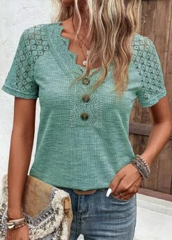Green Lace Short Sleeve V Neck T Shirt 23 Green Lace Short Sleeve V Neck T Shirt -Modlily Shop 336109 P 16871565995203