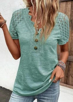 Green Lace Short Sleeve V Neck T Shirt 25 Green Lace Short Sleeve V Neck T Shirt -Modlily Shop 336109 P 16871565995745